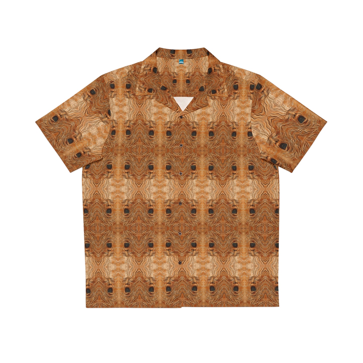 "The Necronomicon" men's Hawaiian shirt with tormented face graphic in monster aloha pattern; front view; flat lay.
