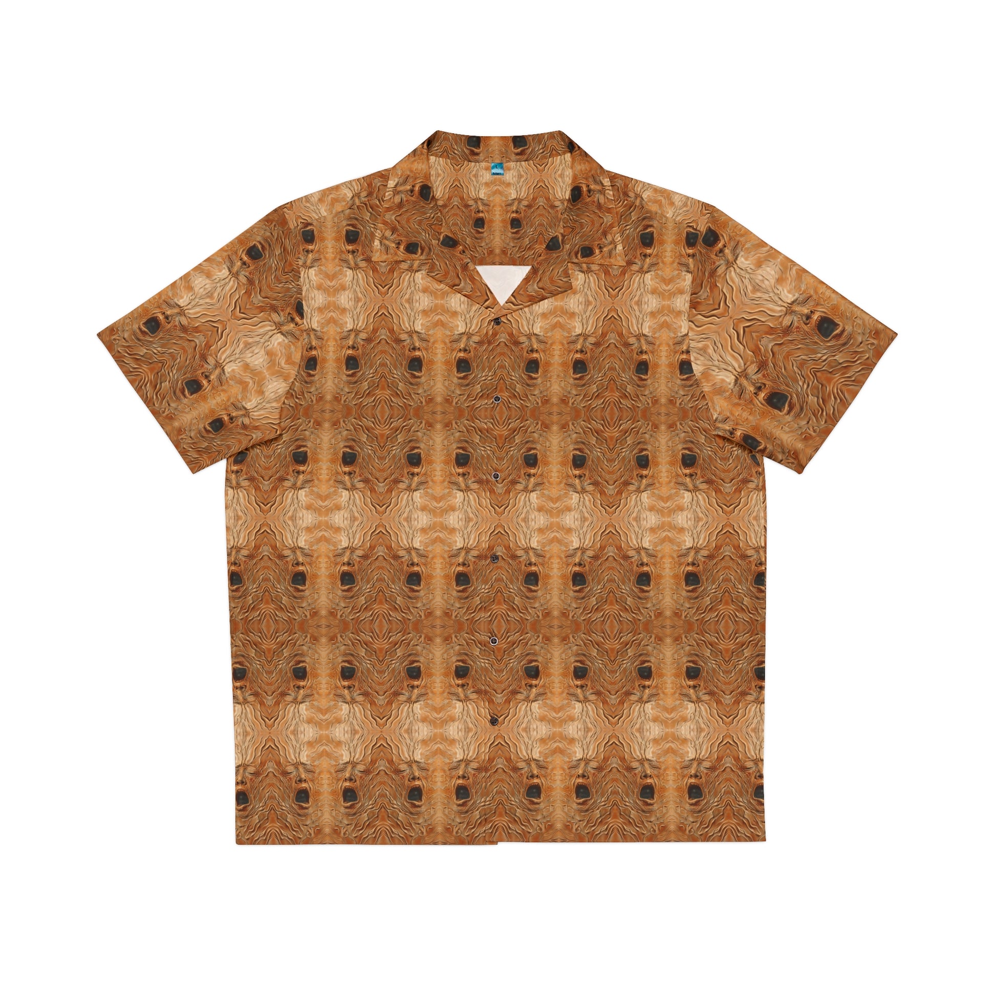 "The Necronomicon" men's Hawaiian shirt with tormented face graphic in monster aloha pattern; front view; flat lay.
