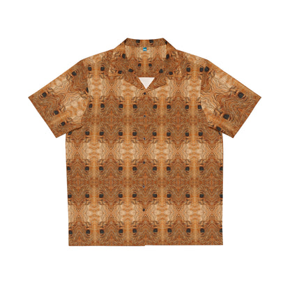 "The Necronomicon" men's Hawaiian shirt with tormented face graphic in monster aloha pattern; front view; flat lay.
