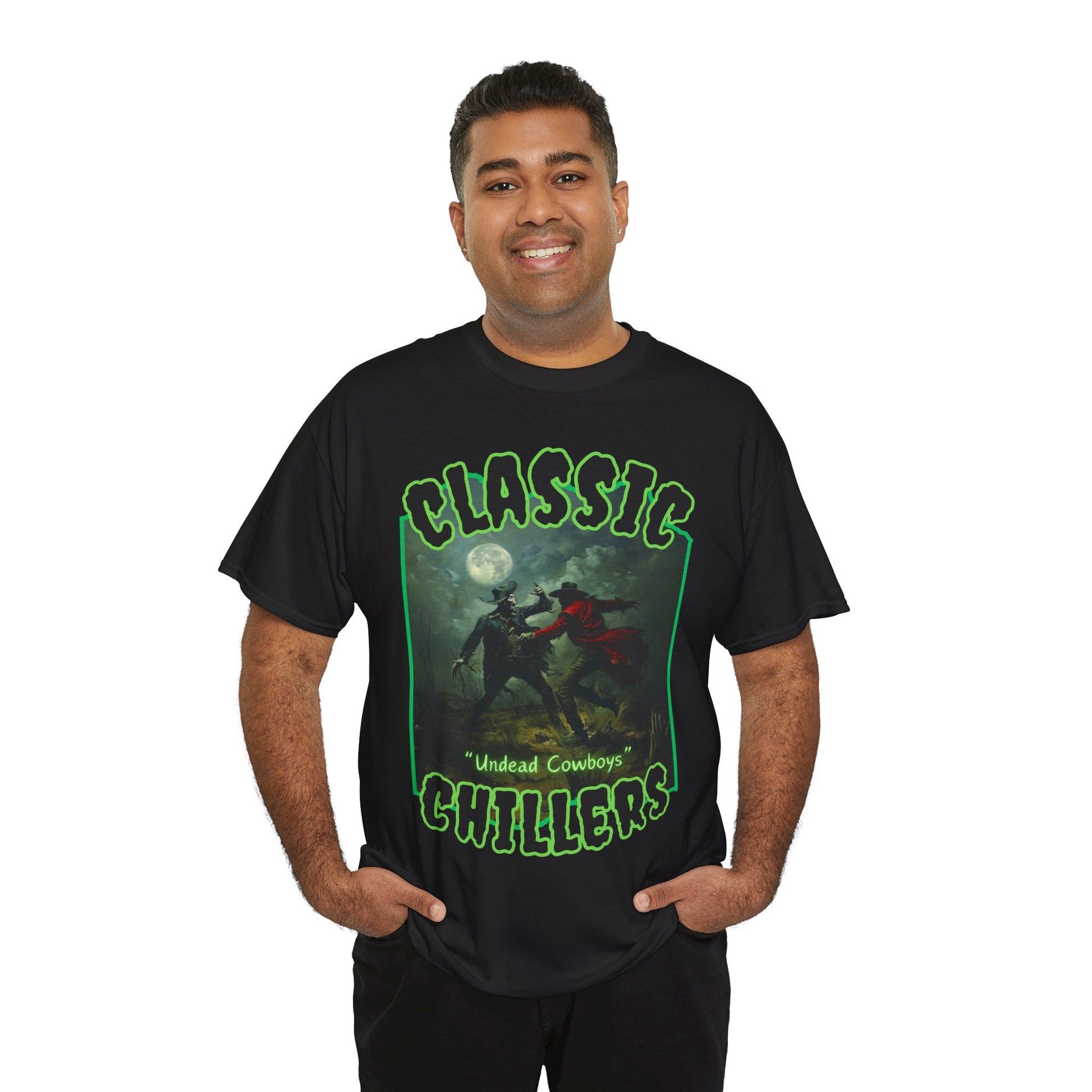 "Undead Cowboys" black t-shirt with zombie duel at midnight graphic and classic chillers logo; front view; on model.
