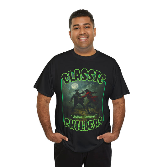 "Undead Cowboys" black t-shirt with zombie duel at midnight graphic and classic chillers logo; front view; on model.
