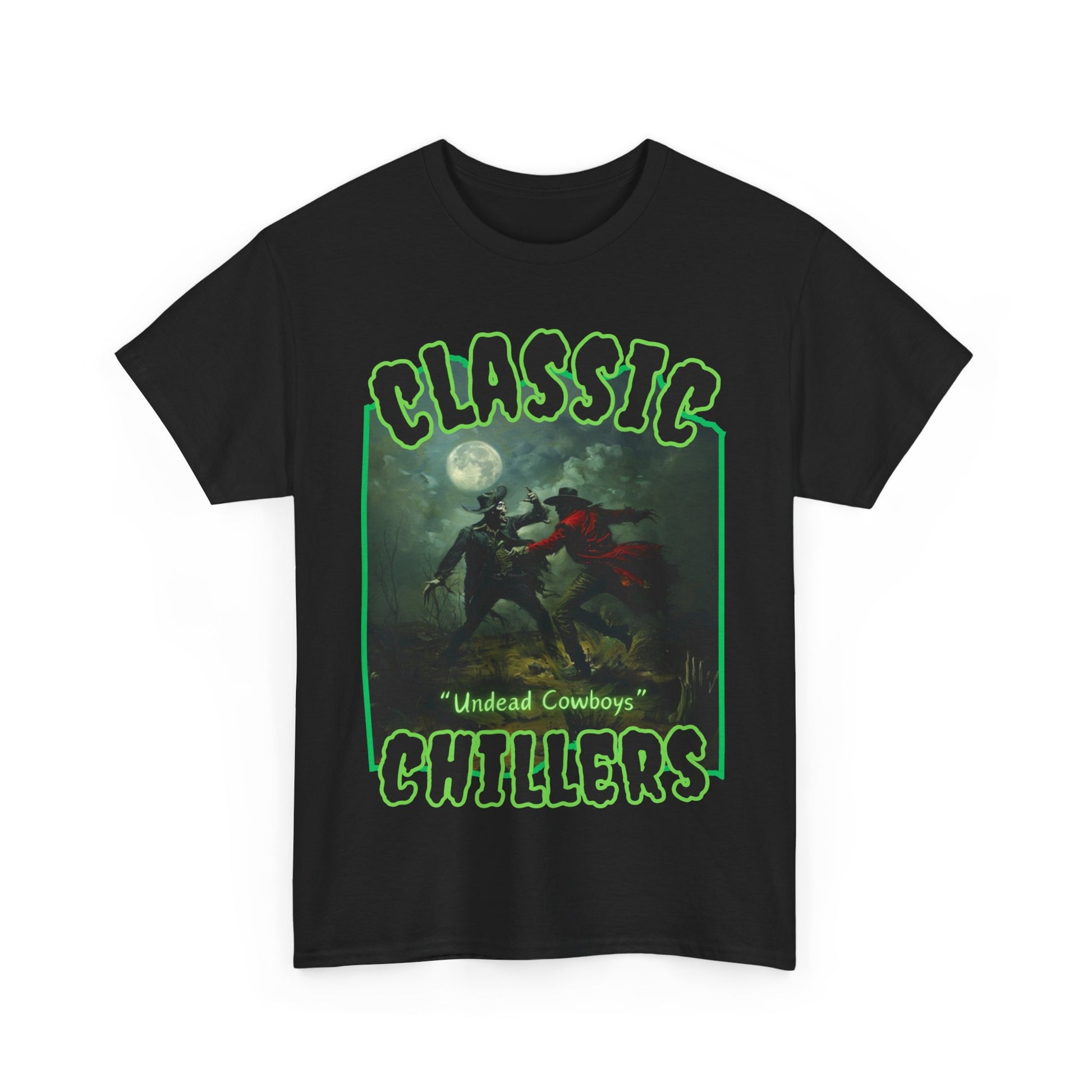 "Undead Cowboys" black t-shirt with zombie duel at midnight graphic and classic chillers logo; front view; flat lay.
