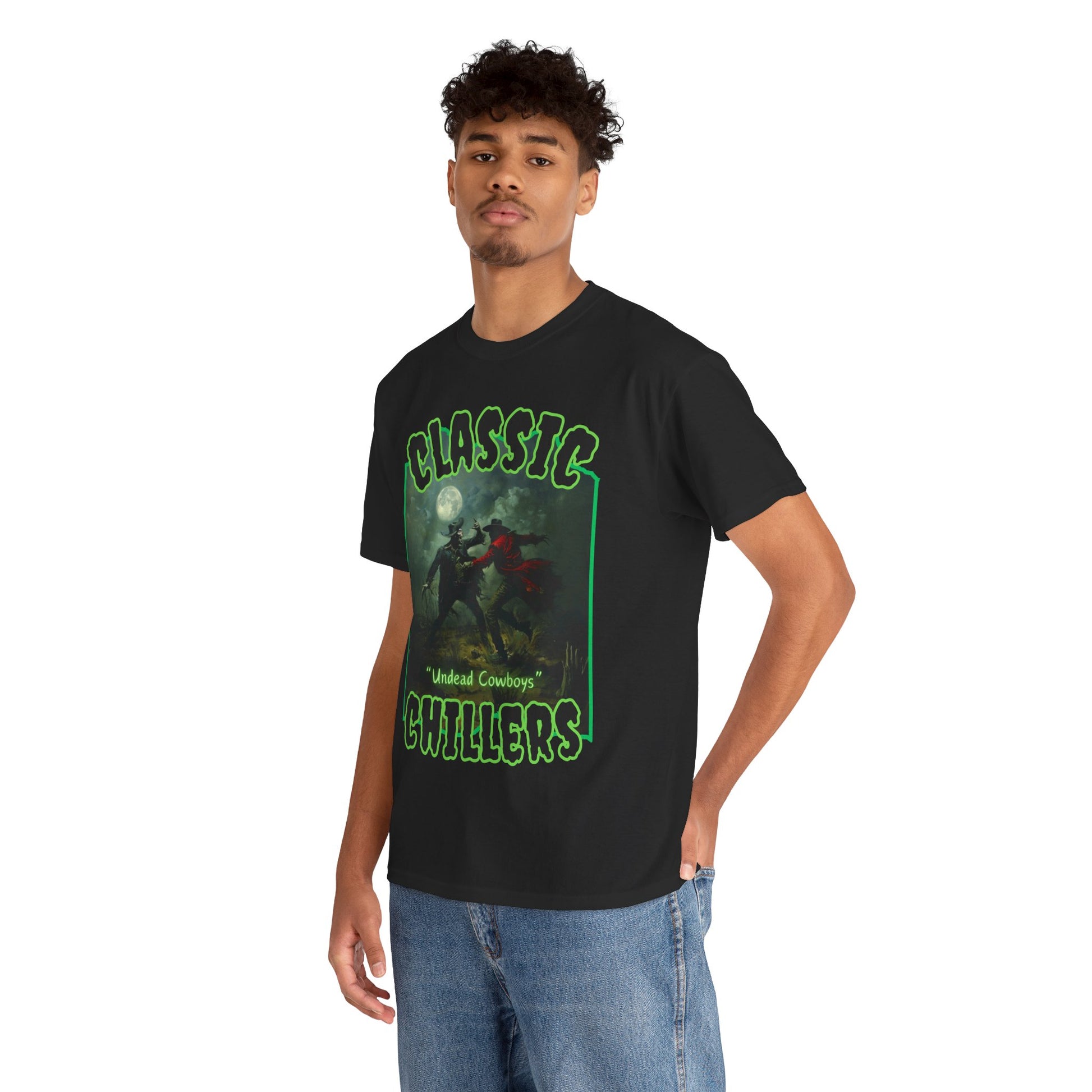 "Undead Cowboys" black t-shirt with zombie duel at midnight graphic and classic chillers logo; three-quarter view; on model.
