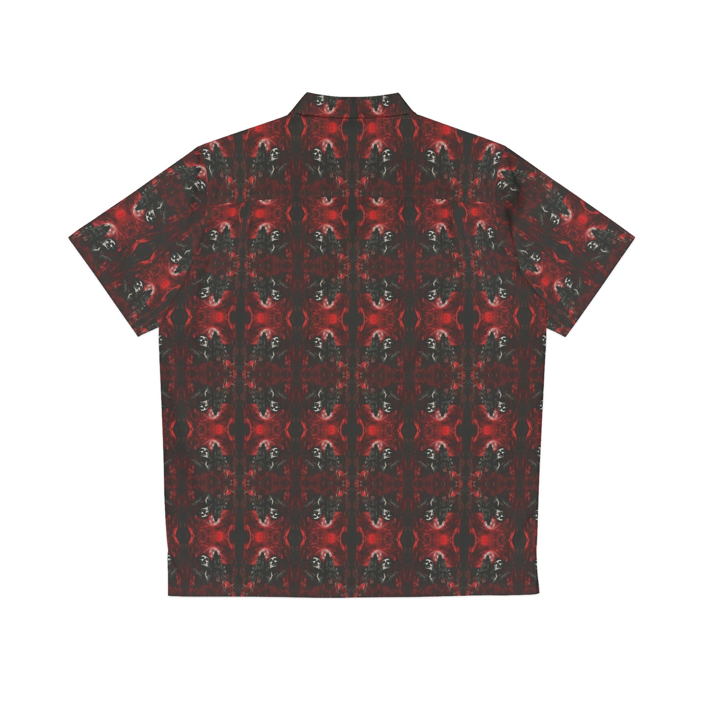 "Vampire Thriller" men's Hawaiian shirt with creepy night stalker graphic in monster aloha pattern; back view; flat lay.
