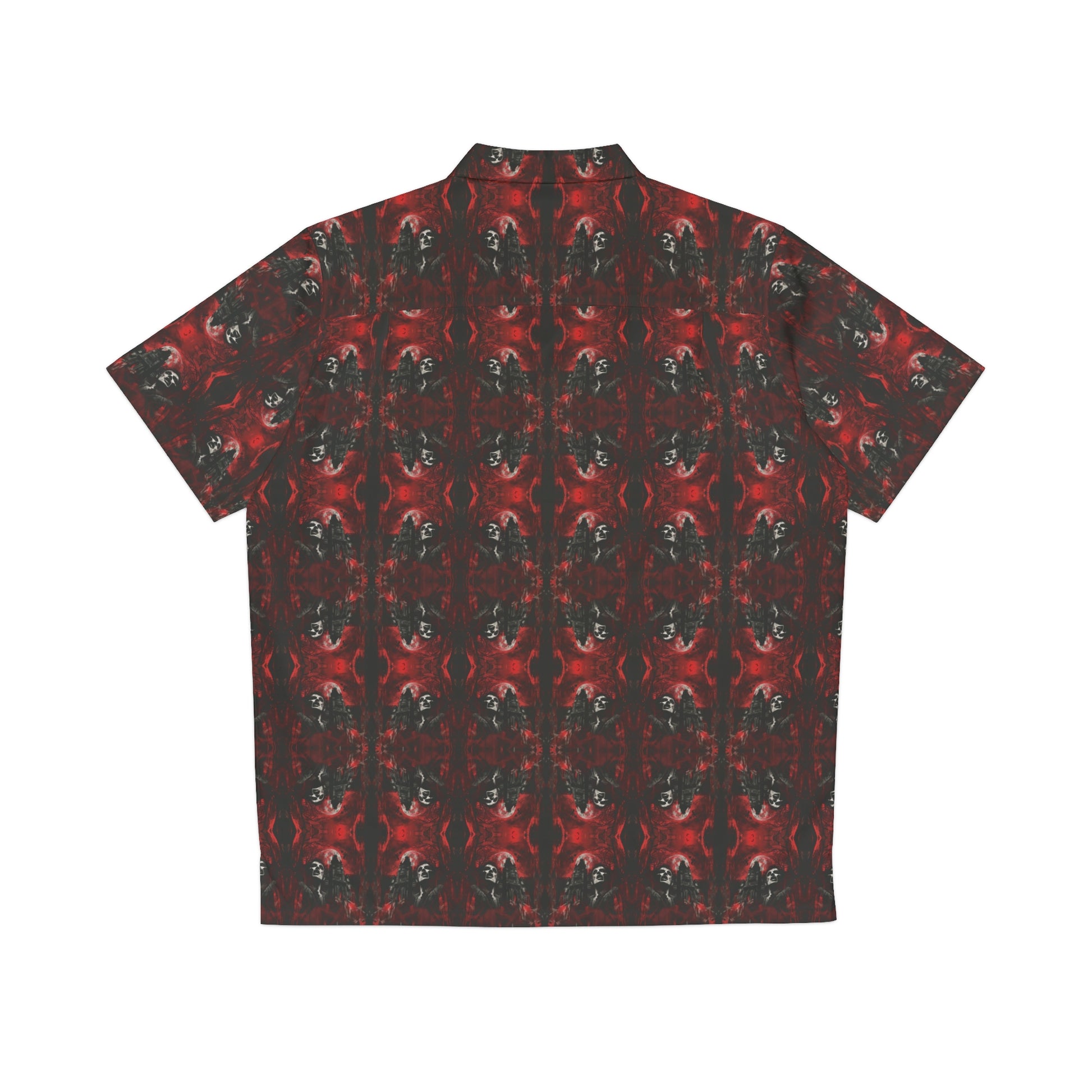 "Vampire Thriller" men's Hawaiian shirt with creepy night stalker graphic in monster aloha pattern; back view; flat lay.
