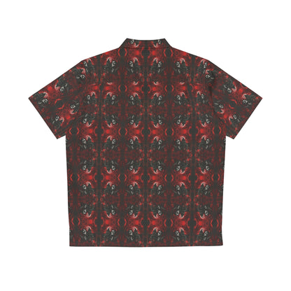 "Vampire Thriller" men's Hawaiian shirt with creepy night stalker graphic in monster aloha pattern; back view; flat lay.
