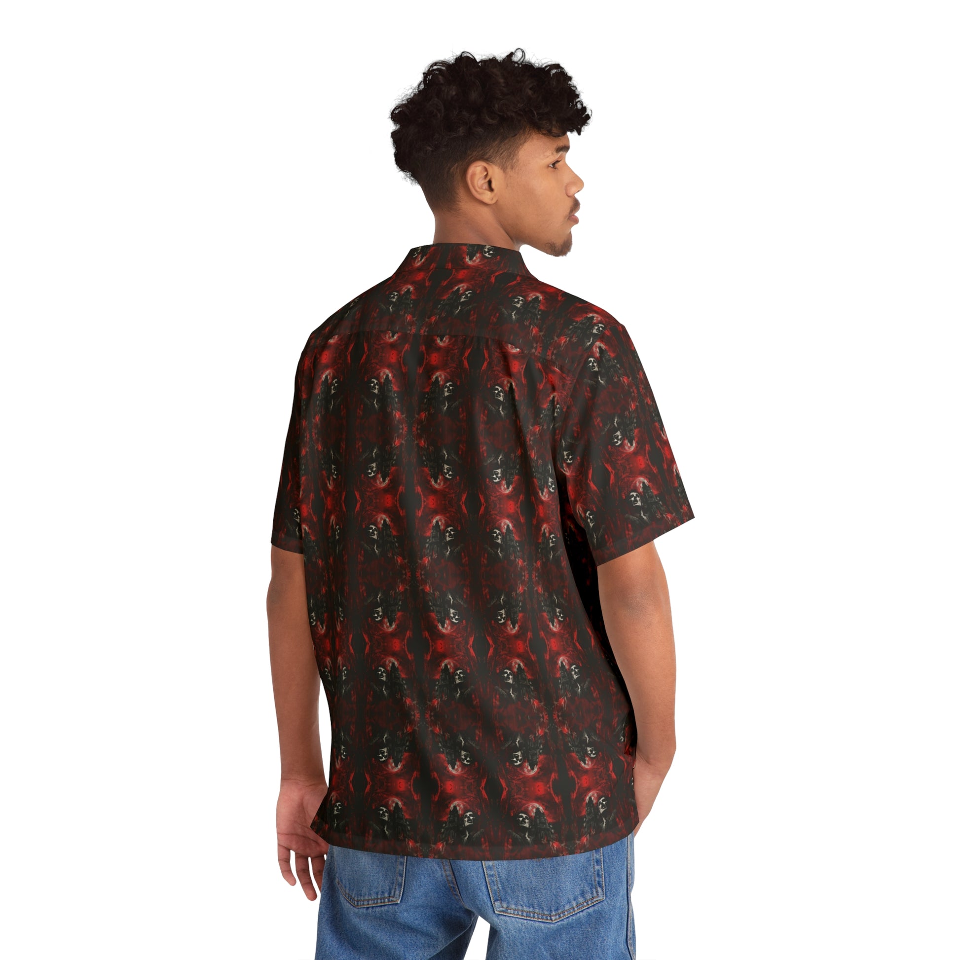 "Vampire Thriller" men's Hawaiian shirt with creepy night stalker graphic in monster aloha pattern; back view; on model.
