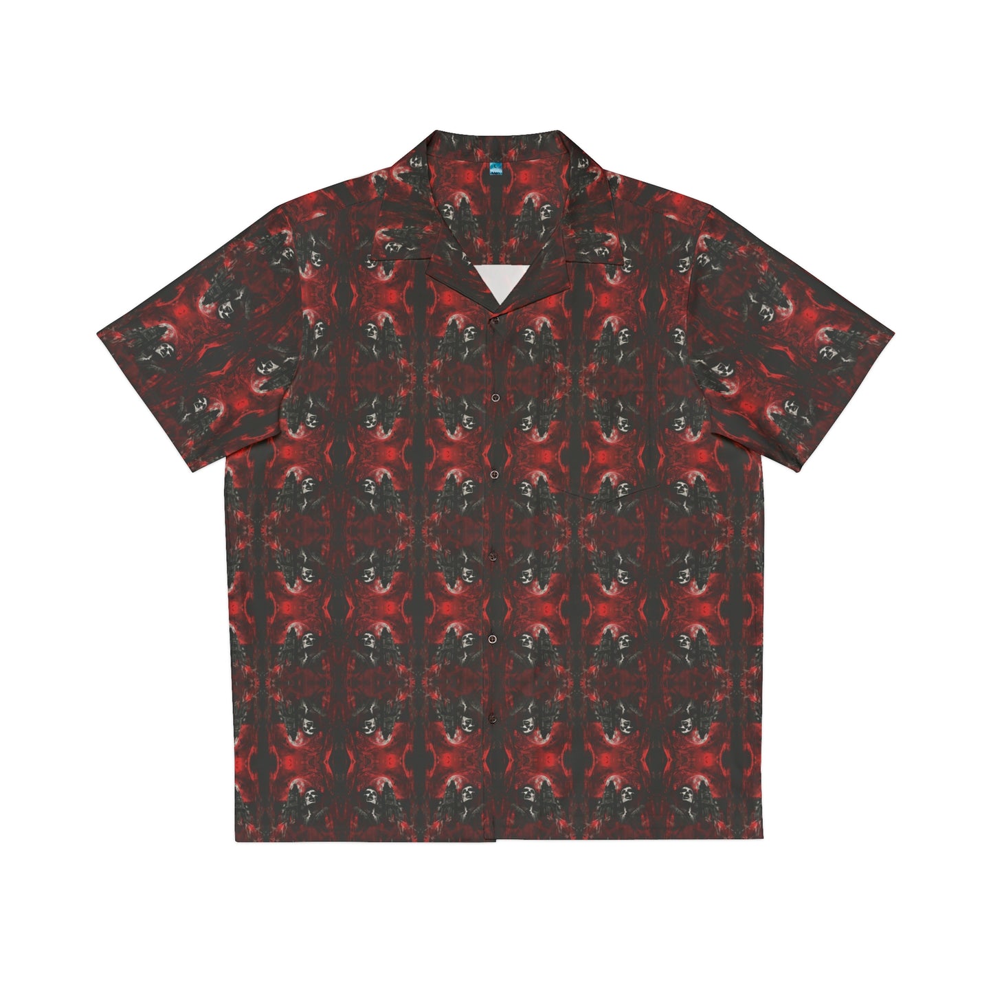 "Vampire Thriller" men's Hawaiian shirt with creepy night stalker graphic in monster aloha pattern; front view; flat lay.
