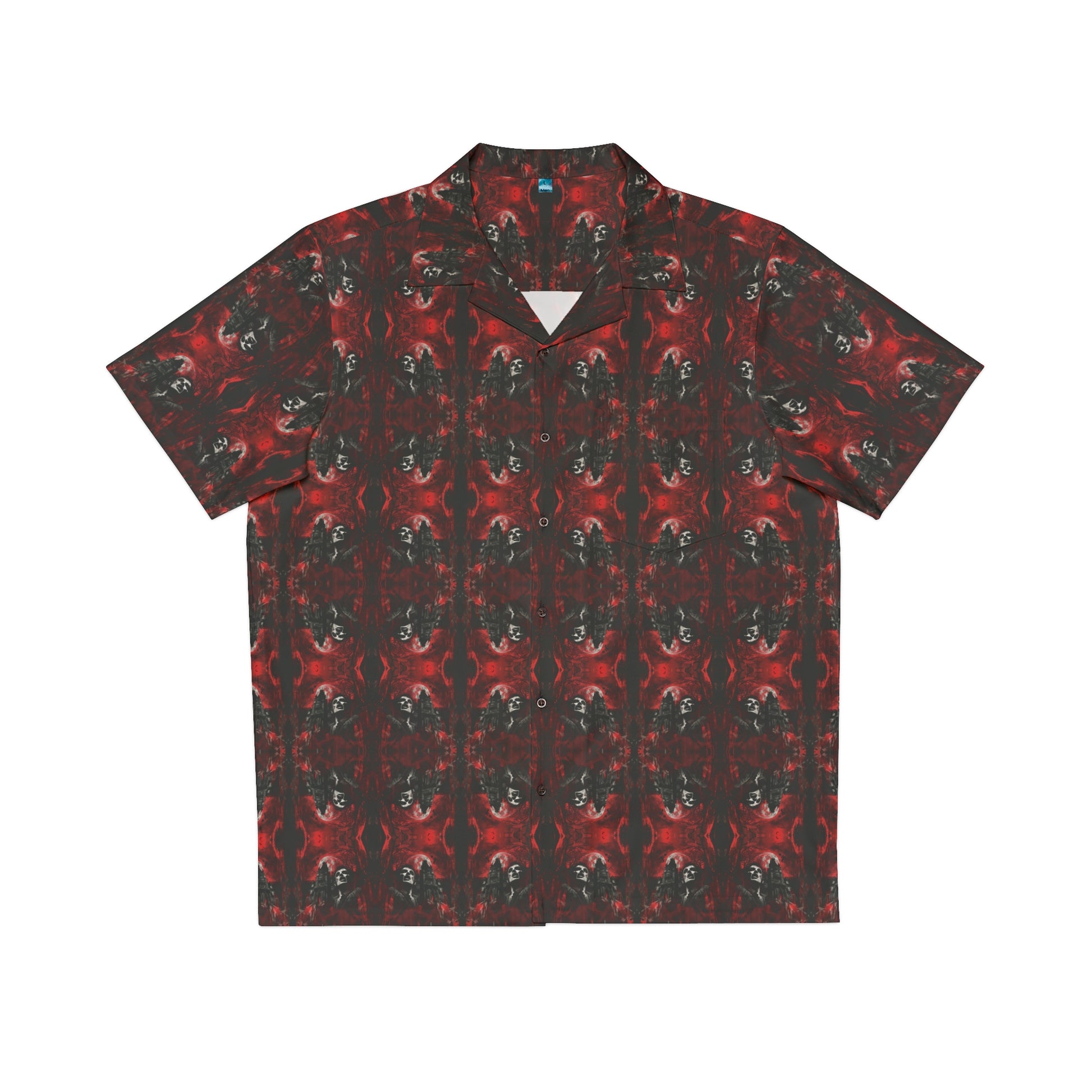 "Vampire Thriller" men's Hawaiian shirt with creepy night stalker graphic in monster aloha pattern; front view; flat lay.
