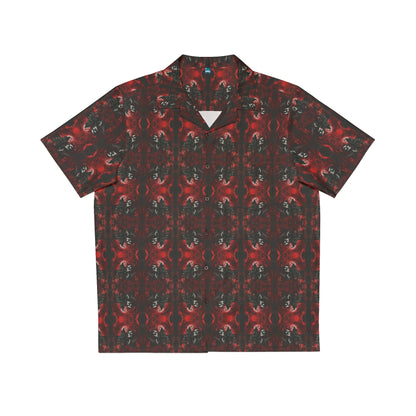 "Vampire Thriller" men's Hawaiian shirt with creepy night stalker graphic in monster aloha pattern; front view; flat lay.
