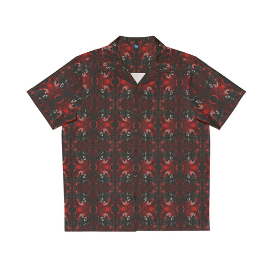 "Vampire Thriller" men's Hawaiian shirt with creepy night stalker graphic in monster aloha pattern; front view; flat lay.
