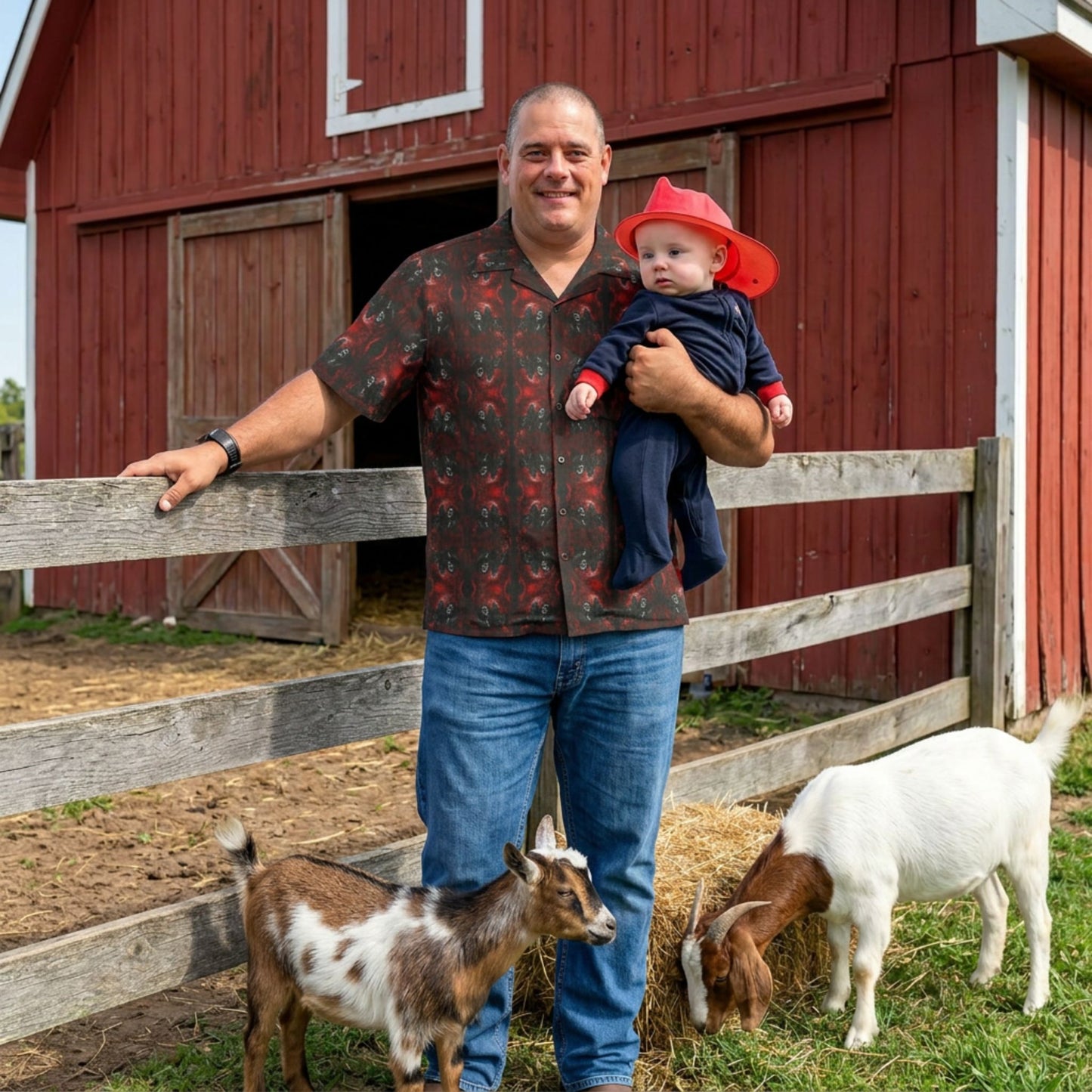 "Vampire Thriller" men’s Hawaiian shirt with creepy night stalker graphic in monster aloha pattern; front view; on model with baby and goats in front of red barn.

