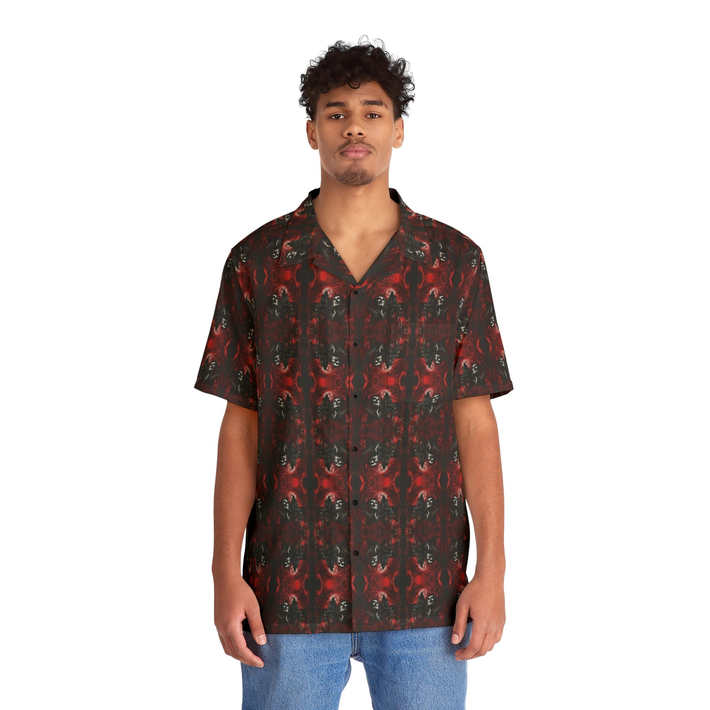 "Vampire Thriller" men’s Hawaiian shirt with creepy night stalker graphic in monster aloha pattern; front view; on model.
