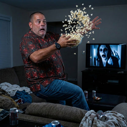 "Vampire Thriller" men’s Hawaiian shirt with creepy night stalker graphic in monster aloha pattern;three-quarter view; on model startled in a living room throws popcorn into the air with  a TV showing a horror movie
