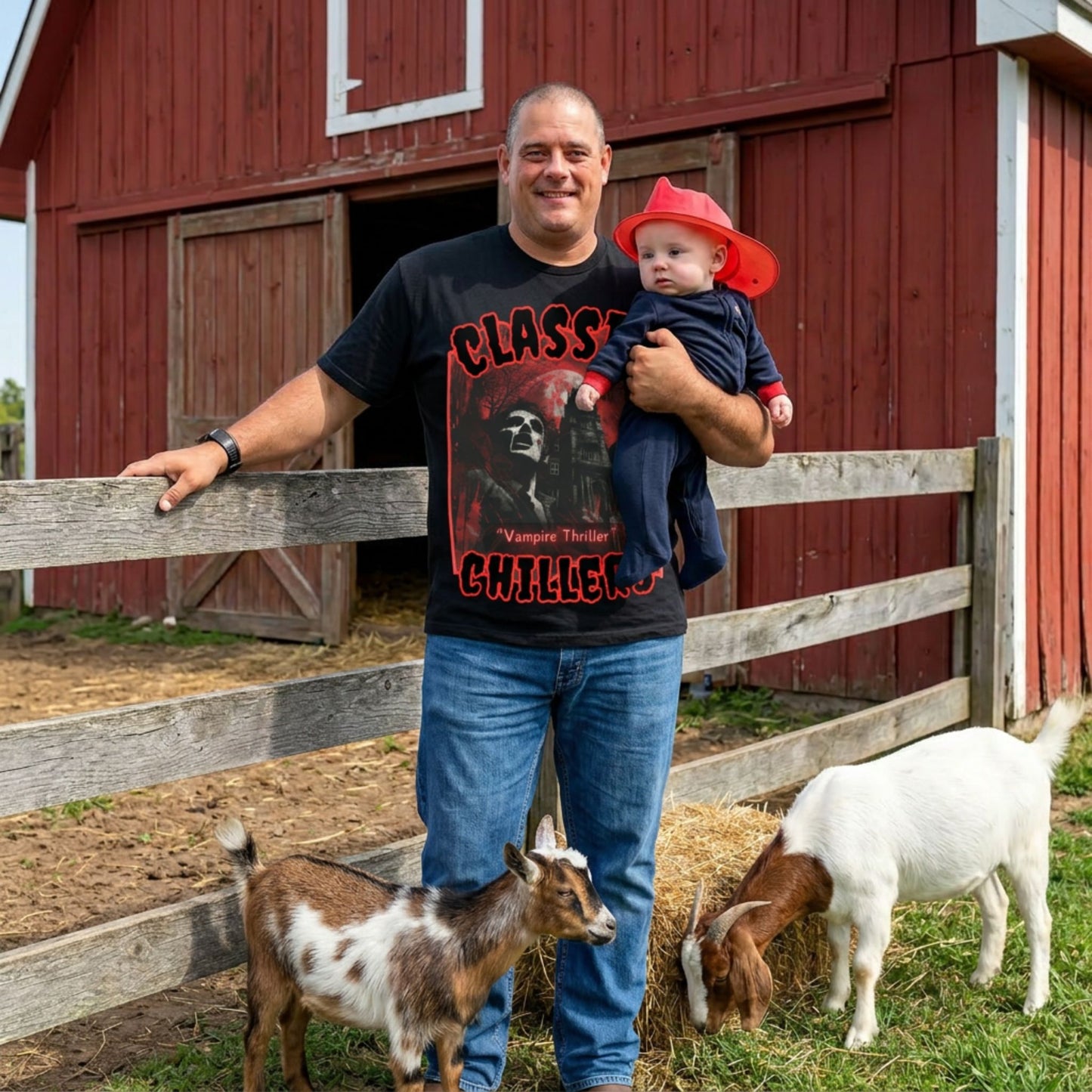 "Vampire Thriller" black t-shirt with creepy night stalker graphic and classic chillers logo; front view; on model with baby and goats in front of red barn.
