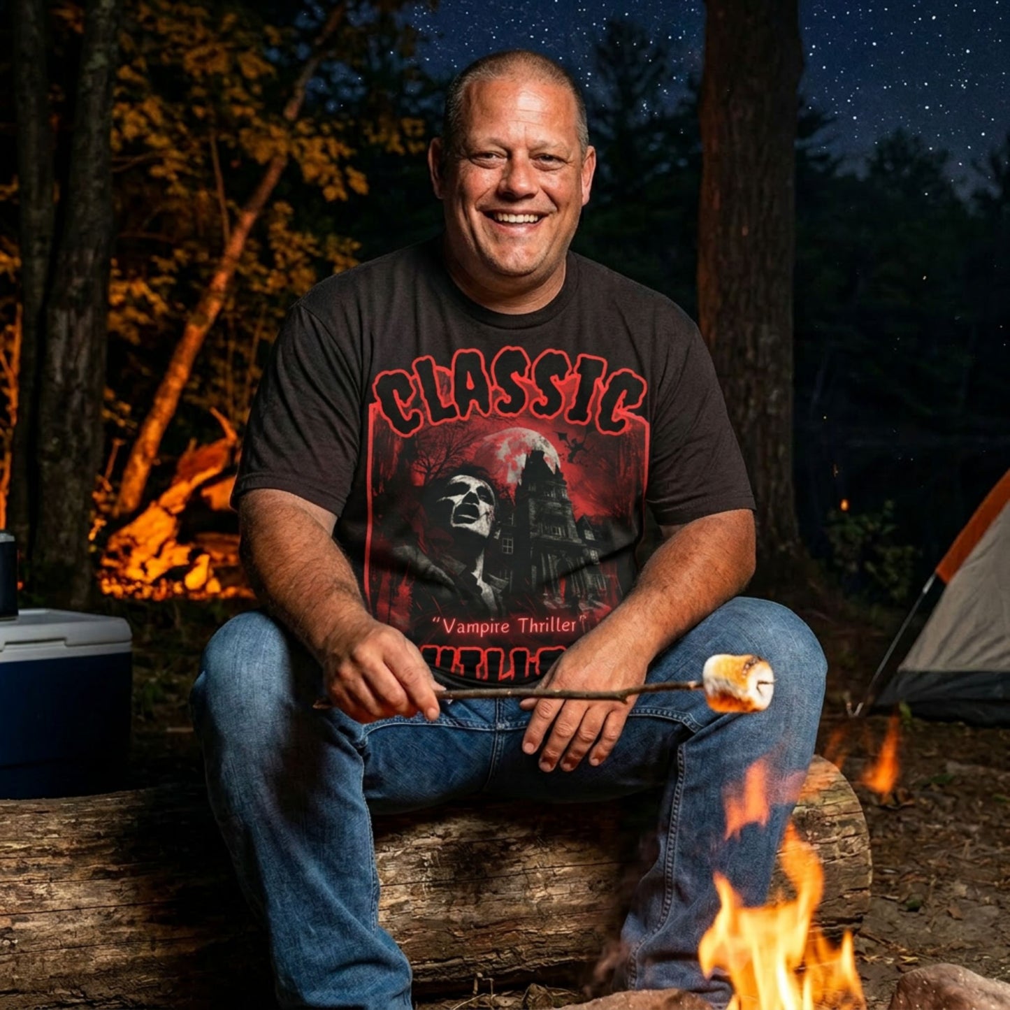 "Vampire Thriller" black t-shirt with creepy night stalker graphic and classic chillers logo; front view; on model roasting a marshmallow over a campfire at night.
