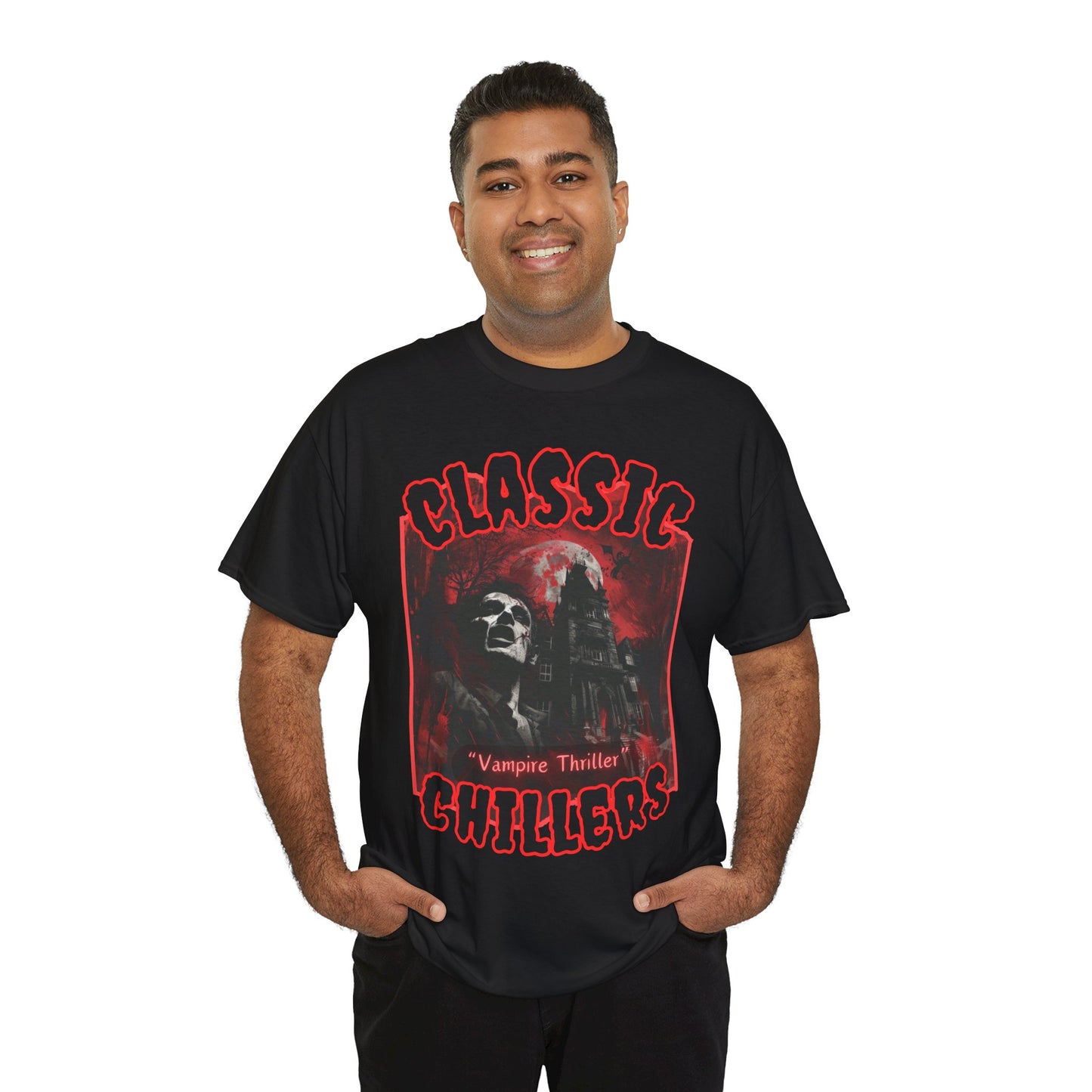 "Vampire Thriller" black t-shirt with creepy night stalker graphic and classic chillers logo; front view; on model.
