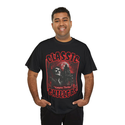 "Vampire Thriller" black t-shirt with creepy night stalker graphic and classic chillers logo; front view; on model.
