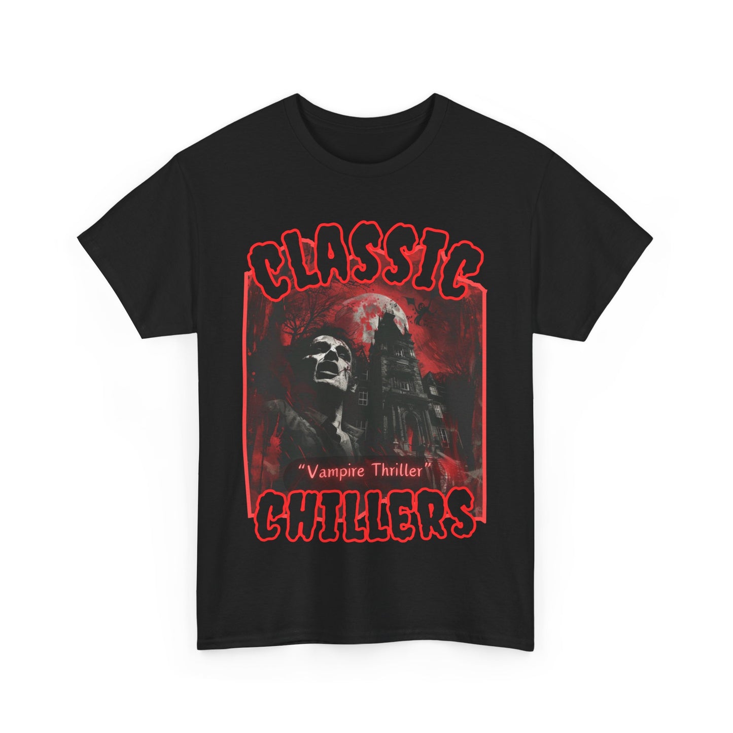 "Vampire Thriller" black t-shirt with creepy night stalker graphic and classic chillers logo; front view; flat lay.
