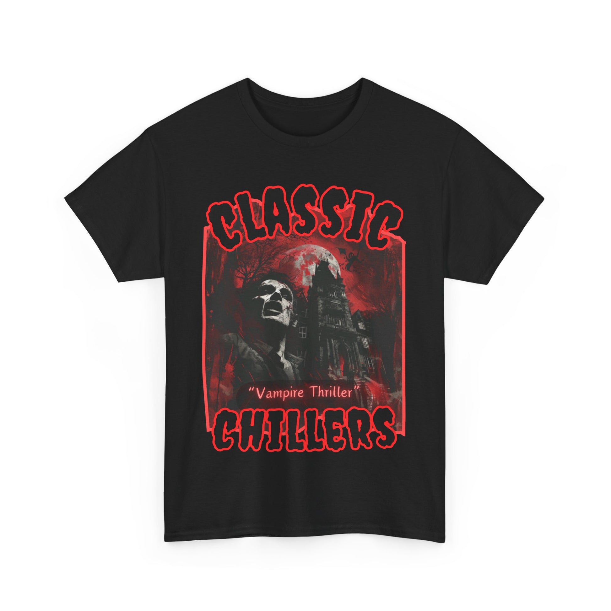"Vampire Thriller" black t-shirt with creepy night stalker graphic and classic chillers logo; front view; flat lay.
