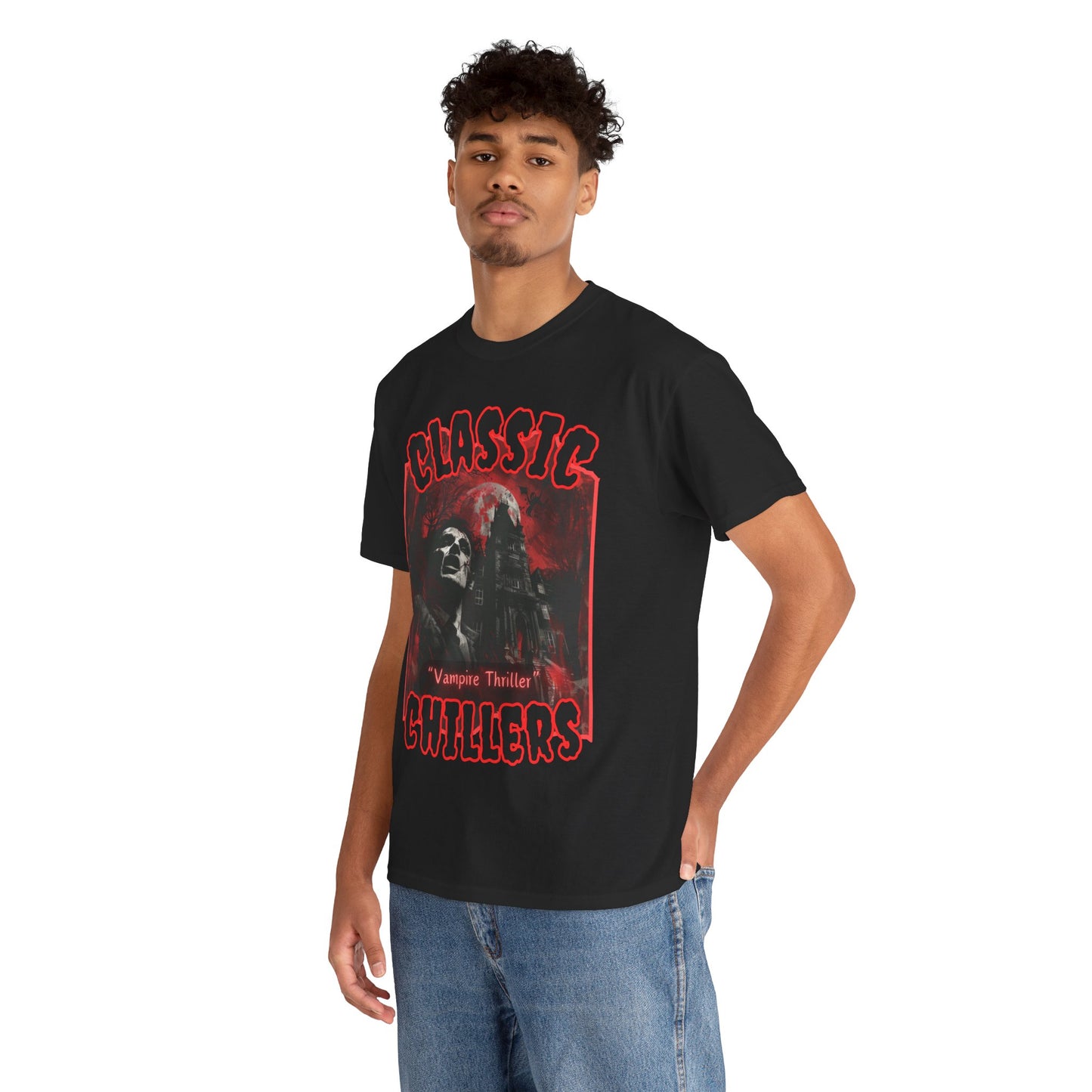 "Vampire Thriller" black t-shirt with creepy night stalker graphic and classic chillers logo; three-quarter view; on model.

