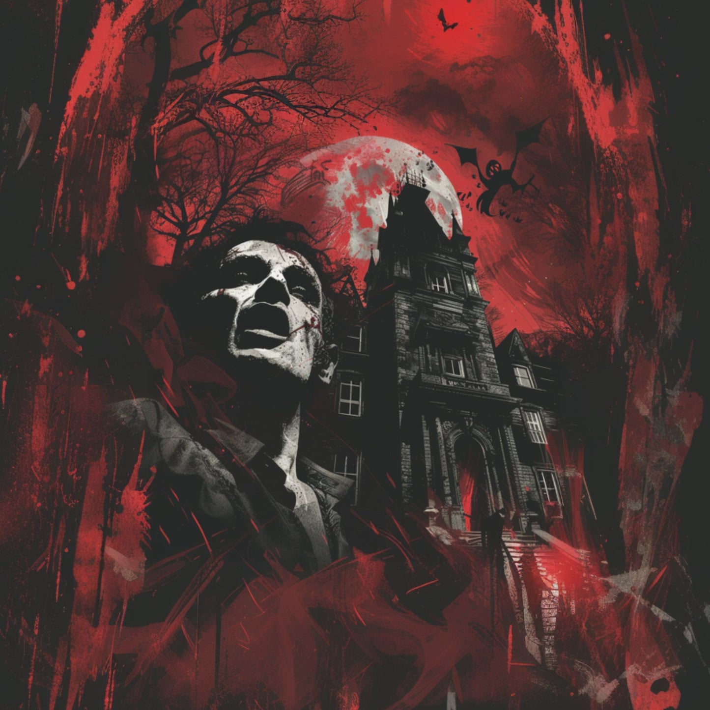 "Vampire Thriller" Nosferatu stalks the night, with a mansion and the full  moon on a red background.