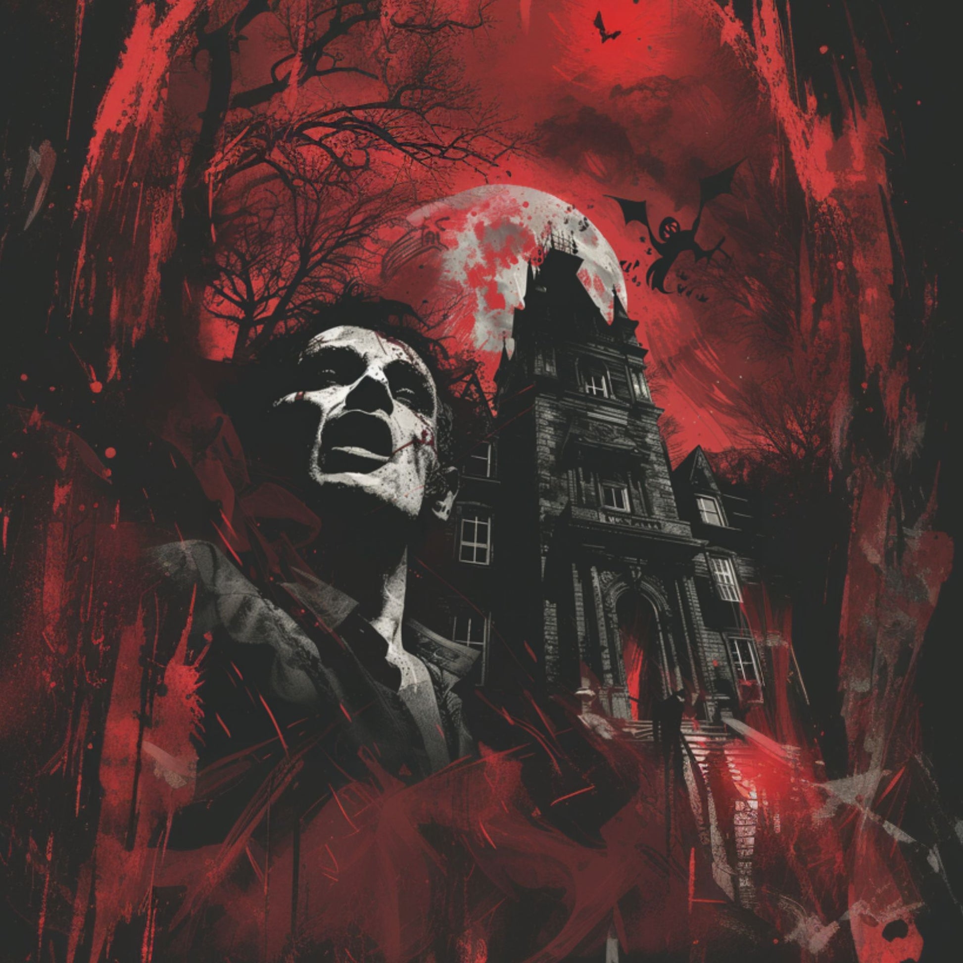 "Vampire Thriller" Nosferatu stalks the night, with a mansion and the full  moon on a red background.