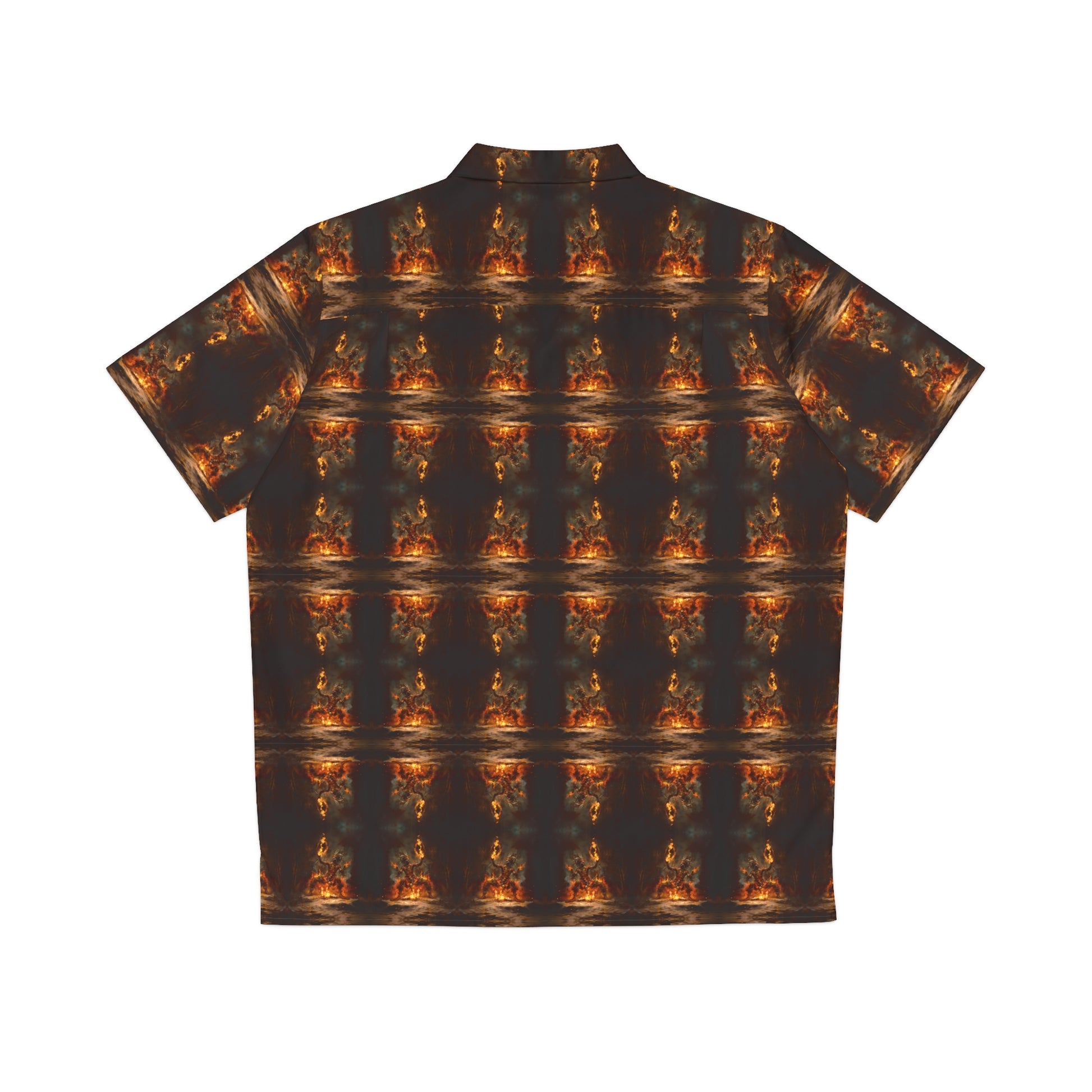 "Voodoo Man" men's Hawaiian shirt with magic tribal fire dance graphic in monster aloha pattern; back view; flat lay.
