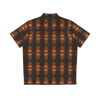 "Voodoo Man" men's Hawaiian shirt with magic tribal fire dance graphic in monster aloha pattern; back view; flat lay.

