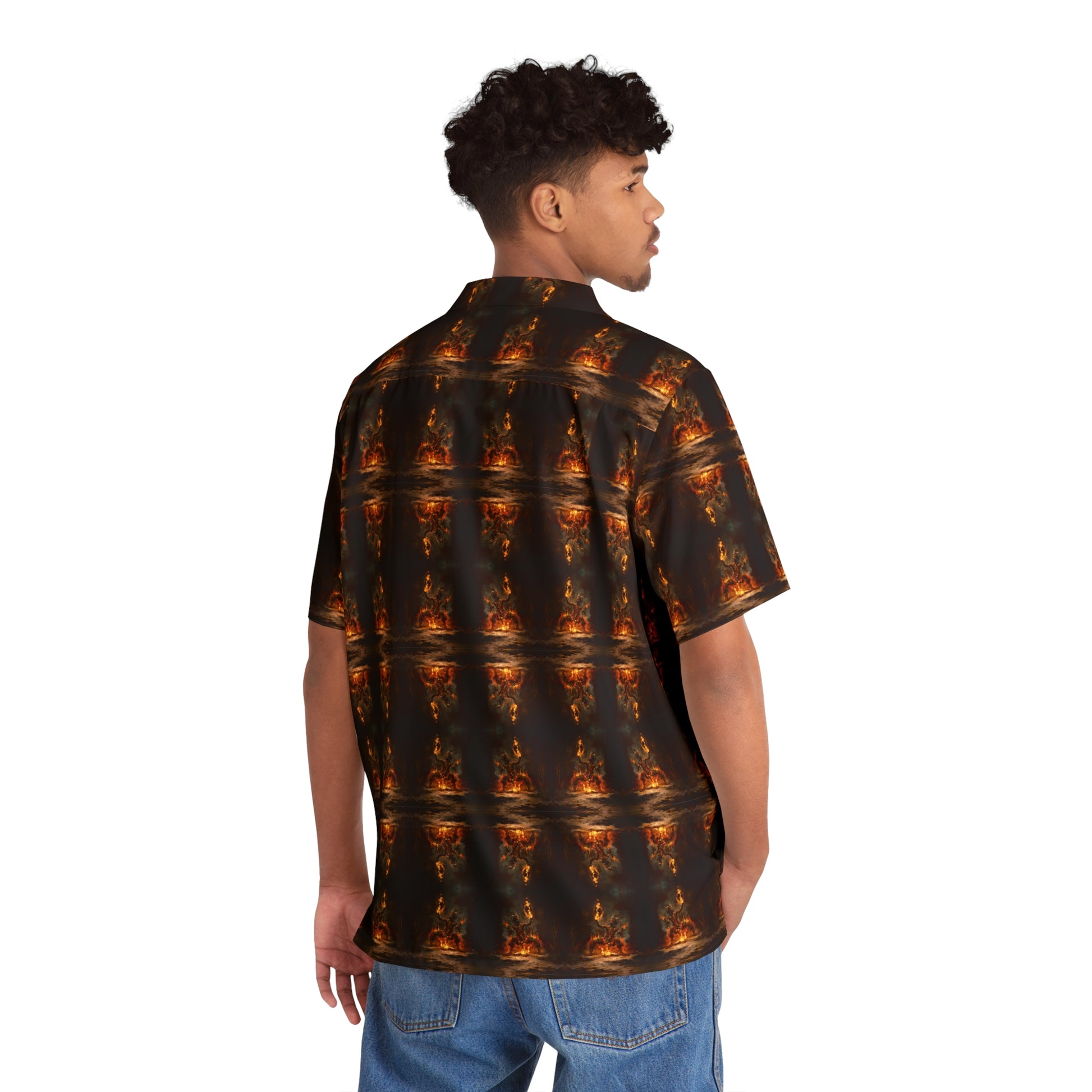 "Voodoo Man" men's Hawaiian shirt with magic tribal fire dance graphic in monster aloha pattern; back view; on model.
