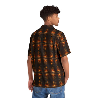 "Voodoo Man" men's Hawaiian shirt with magic tribal fire dance graphic in monster aloha pattern; back view; on model.
