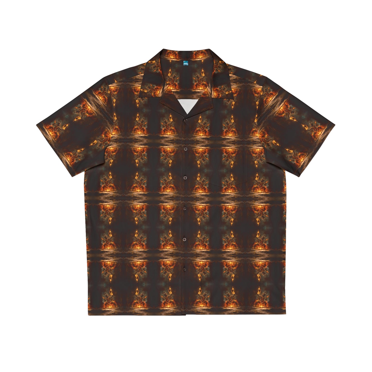 "Voodoo Man" men's Hawaiian shirt with magic tribal fire dance graphic in monster aloha pattern; front view; flat lay.
