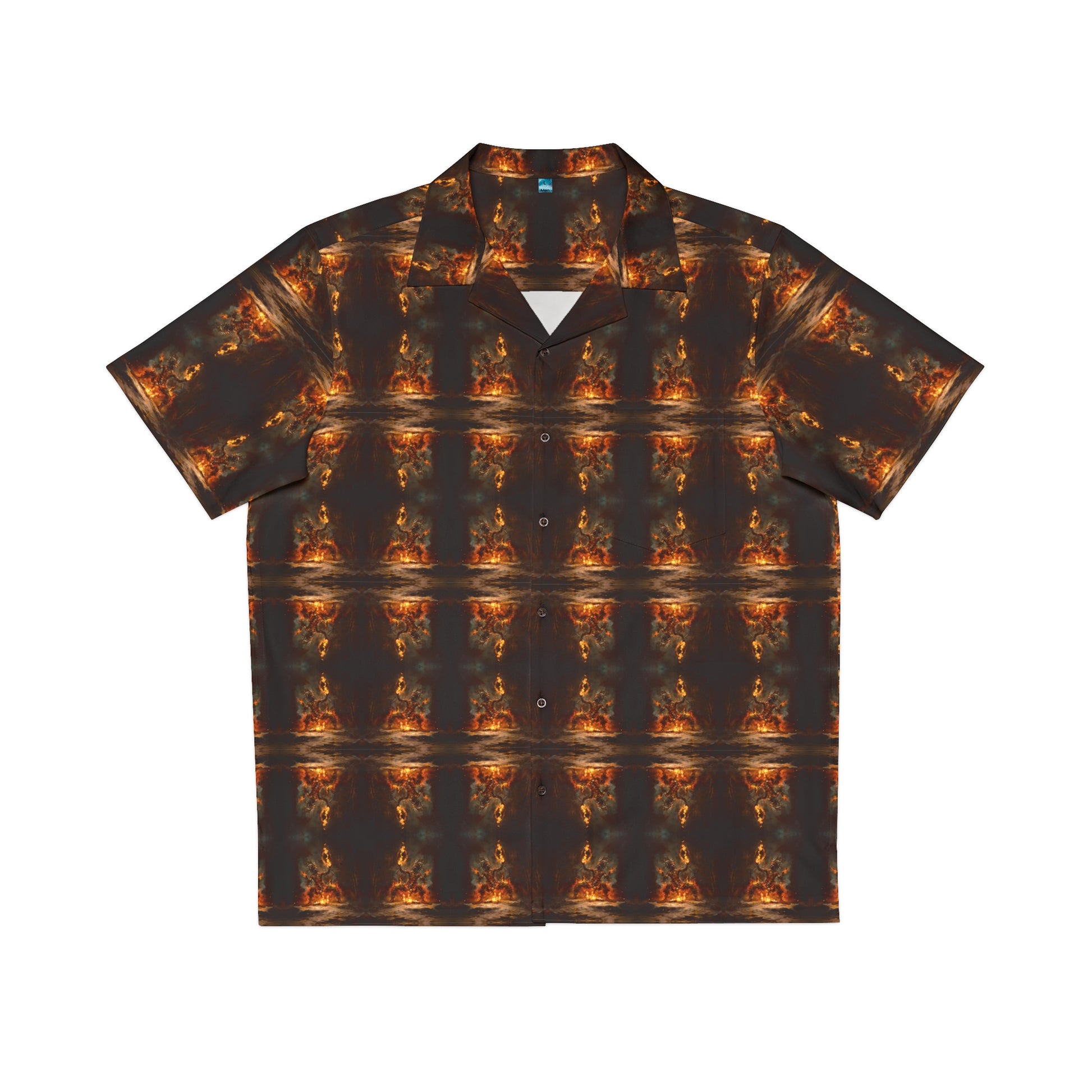 "Voodoo Man" men's Hawaiian shirt with magic tribal fire dance graphic in monster aloha pattern; front view; flat lay.
