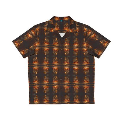"Voodoo Man" men's Hawaiian shirt with magic tribal fire dance graphic in monster aloha pattern; front view; flat lay.

