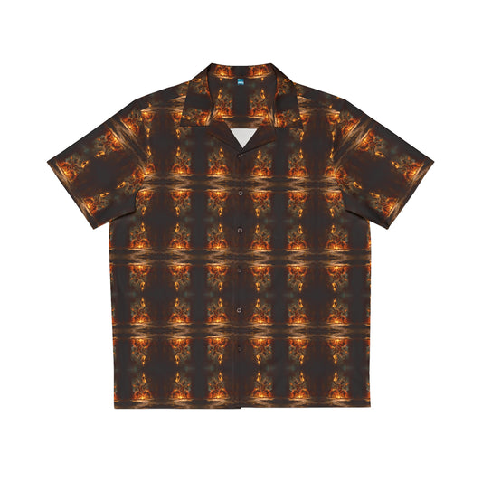 "Voodoo Man" men's Hawaiian shirt with magic tribal fire dance graphic in monster aloha pattern; front view; flat lay.
