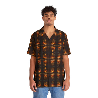 "Voodoo Man" men’s Hawaiian shirt with magic tribal fire dance graphic in monster aloha pattern; front view; on model.
