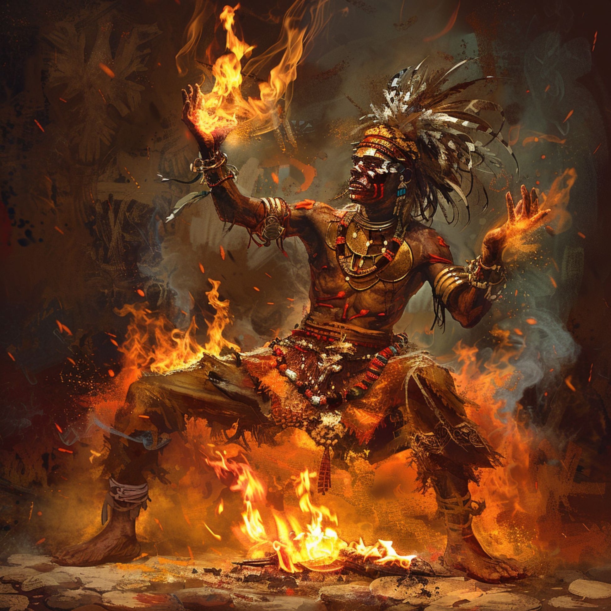 "Voodoo Man" a shaman performs a magic tribal fire dance 