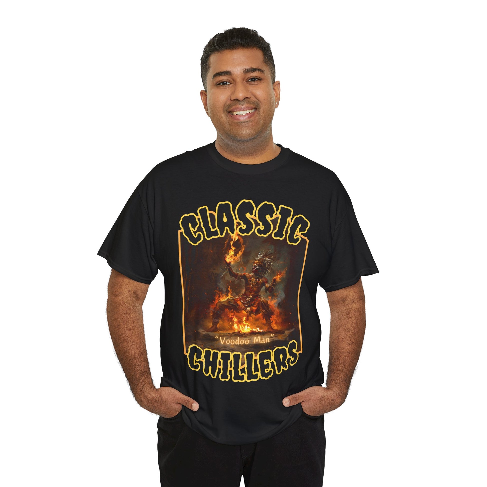 "Voodoo Man" black t-shirt with magic tribal fire dance graphic and classic chillers logo; front view; on model.
