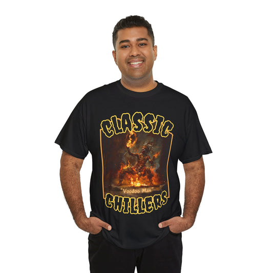"Voodoo Man" black t-shirt with magic tribal fire dance graphic and classic chillers logo; front view; on model.
