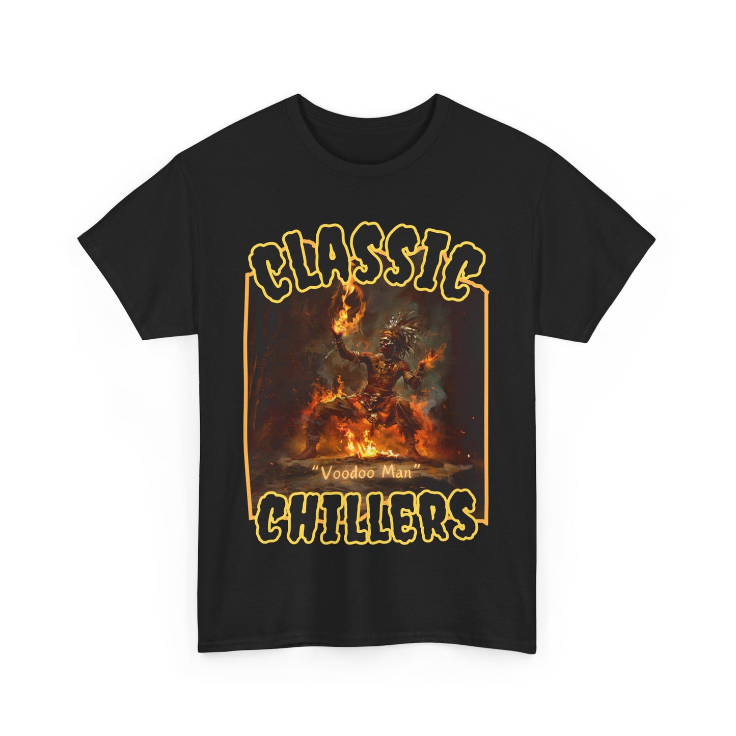 "Voodoo Man" black t-shirt with magic tribal fire dance graphic and classic chillers logo; front view; flat lay.
