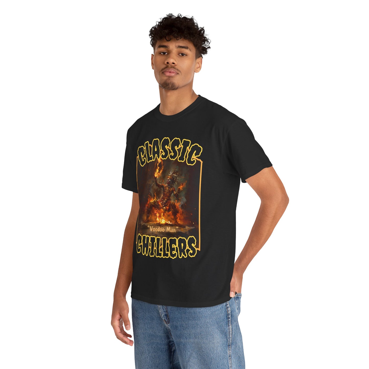 "Voodoo Man" black t-shirt with magic tribal fire dance graphic and classic chillers logo; three-quarter view; on model.
