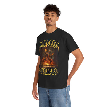 "Voodoo Man" black t-shirt with magic tribal fire dance graphic and classic chillers logo; three-quarter view; on model.
