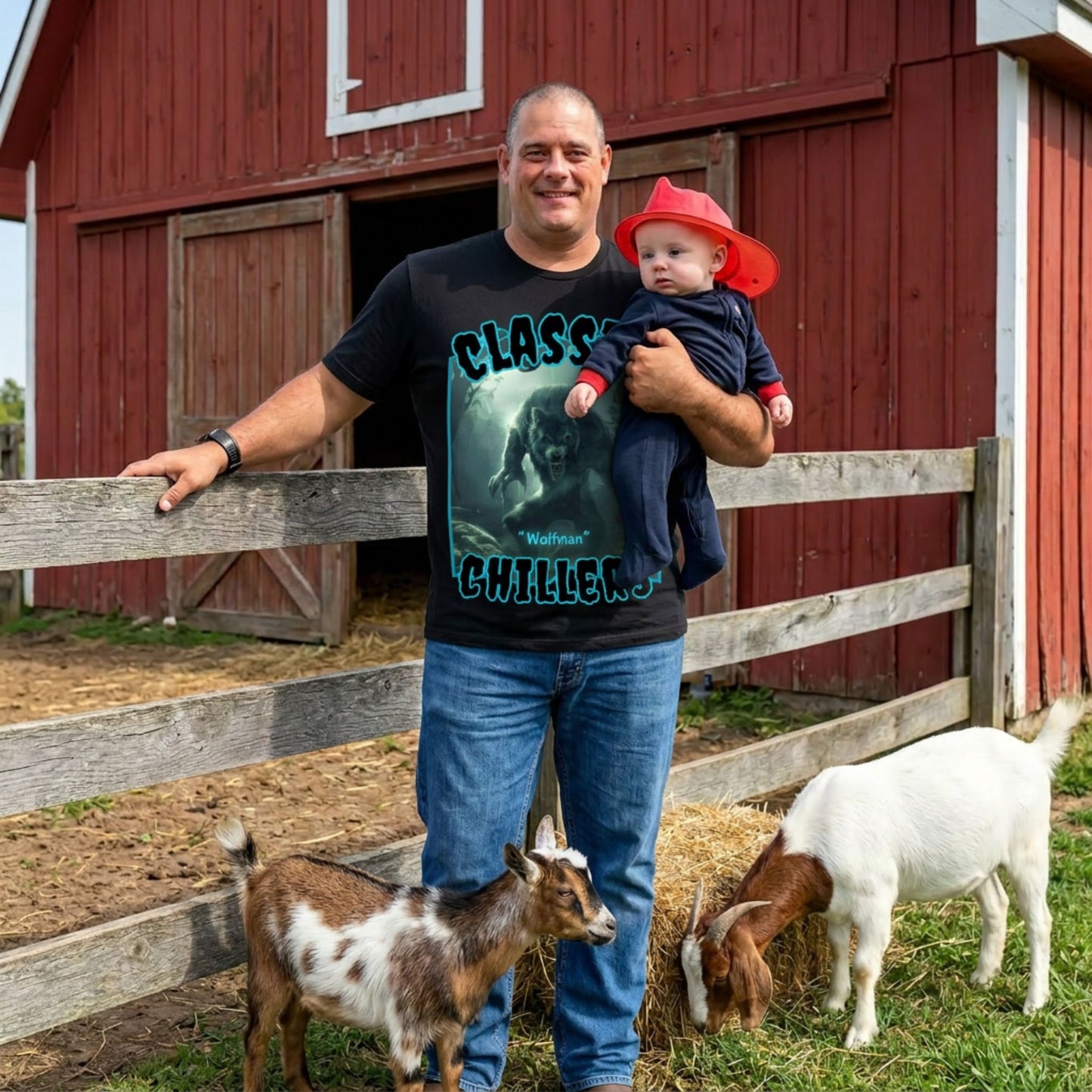 "Wolfman" black t-shirt with werewolf in the mist graphic and classic chillers logo; front view; on model with baby and goats in front of red barn