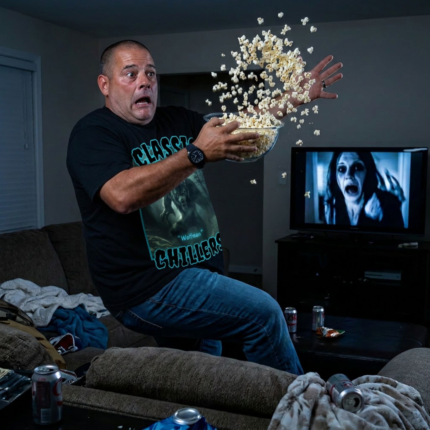 "Wolfman" black t-shirt with werewolf in the mist graphic and classic chillers logo; three-quarter  view; on model  startled in a living room throws popcorn into the air with  a TV showing a horror movie