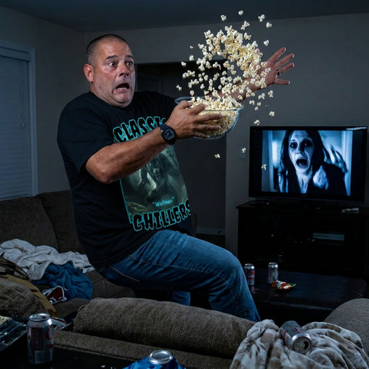 "Wolfman" black t-shirt with werewolf in the mist graphic and classic chillers logo; three-quarter  view; on model  startled in a living room throws popcorn into the air with  a TV showing a horror movie