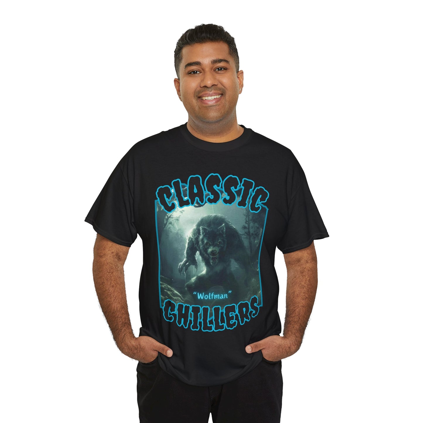 "Wolfman" black t-shirt with werewolf in the mist graphic and classic chillers logo; front view; on model.