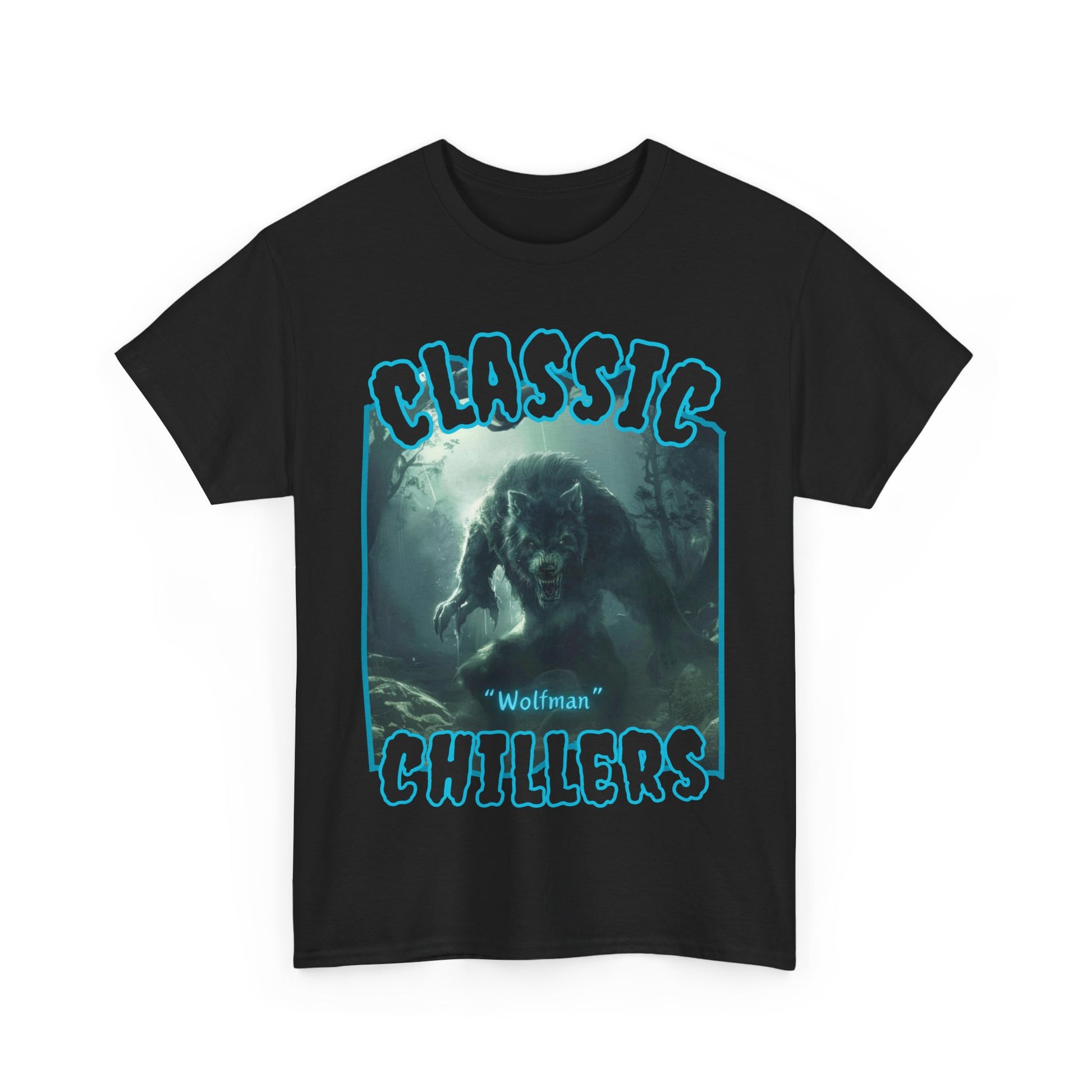 "Wolfman" black t-shirt with werewolf in the mist graphic and classic chillers logo; front view; flat lay.
