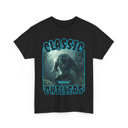 "Wolfman" black t-shirt with werewolf in the mist graphic and classic chillers logo; front view; flat lay.