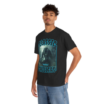 "Wolfman" black t-shirt with werewolf in the mist graphic and classic chillers logo; three-quarter view; on model.