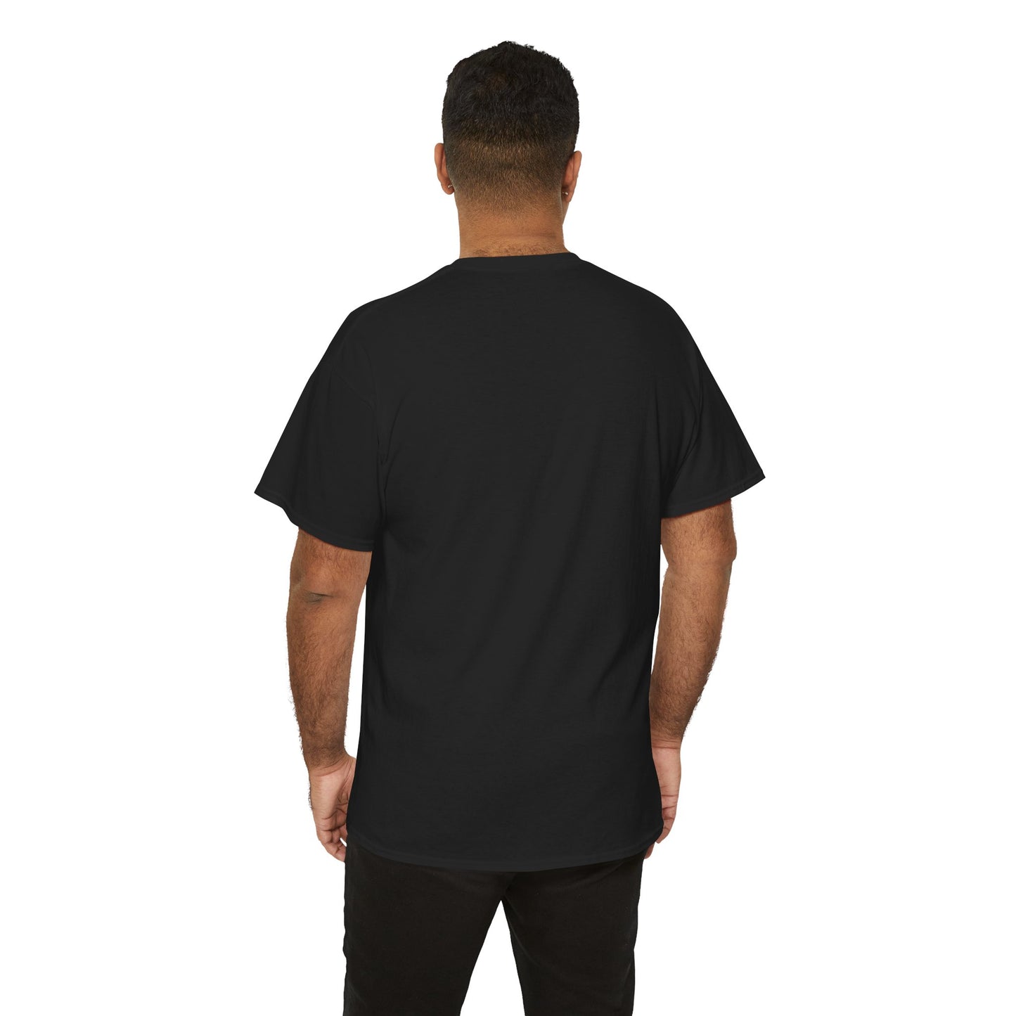 "Wolfman" plain black t-shirt; back view; on model.